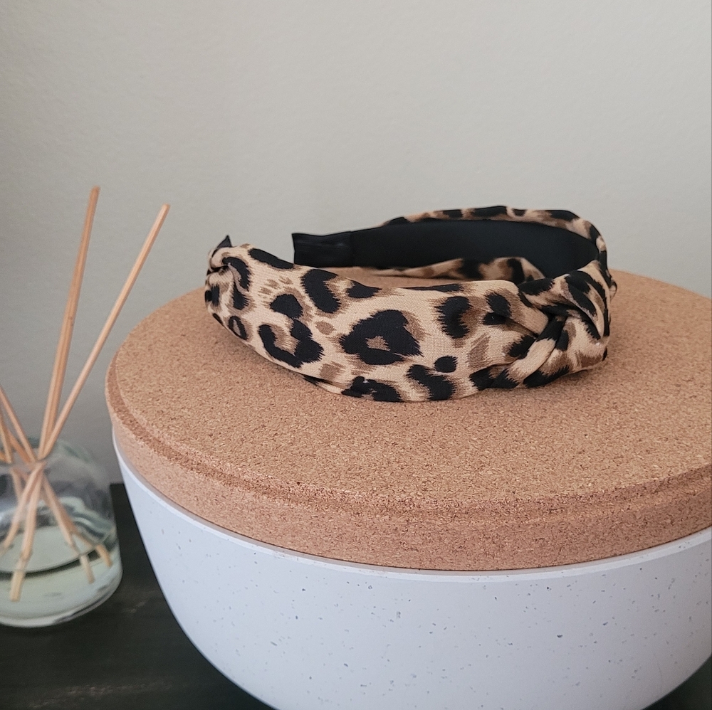 Satin wrapped knotted headband, leopard print